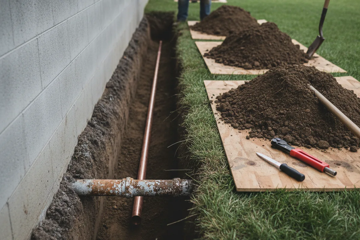 Excavated water line trench during Sewer Line Repair in Bradfordsville